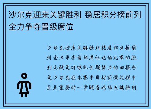沙尔克迎来关键胜利 稳居积分榜前列全力争夺晋级席位