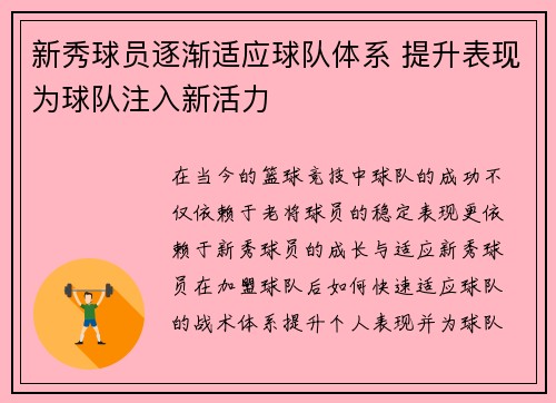 新秀球员逐渐适应球队体系 提升表现为球队注入新活力