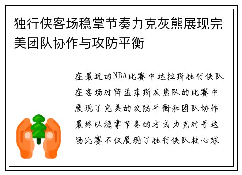独行侠客场稳掌节奏力克灰熊展现完美团队协作与攻防平衡